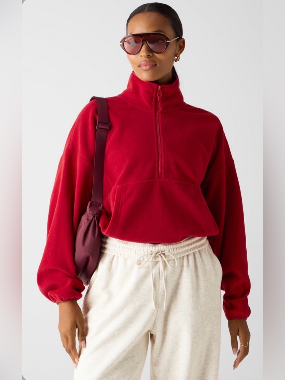 NWT [Fabletics] No Chill Fleece Half-Zip Cropped Pullover Sweater Red Women’s S - Picture 1 of 16